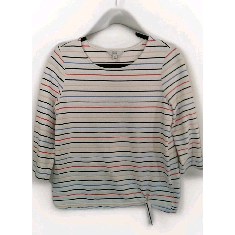 Croft & Barrow White Multicolor Thin Stripped/ Tie On Side Womens Medium Top